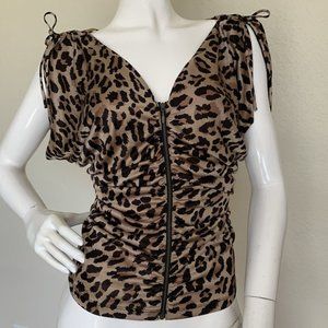 Express Leopard Print Slinky Zipper Top Clubbing Y2K Faux Silk Dolman M
